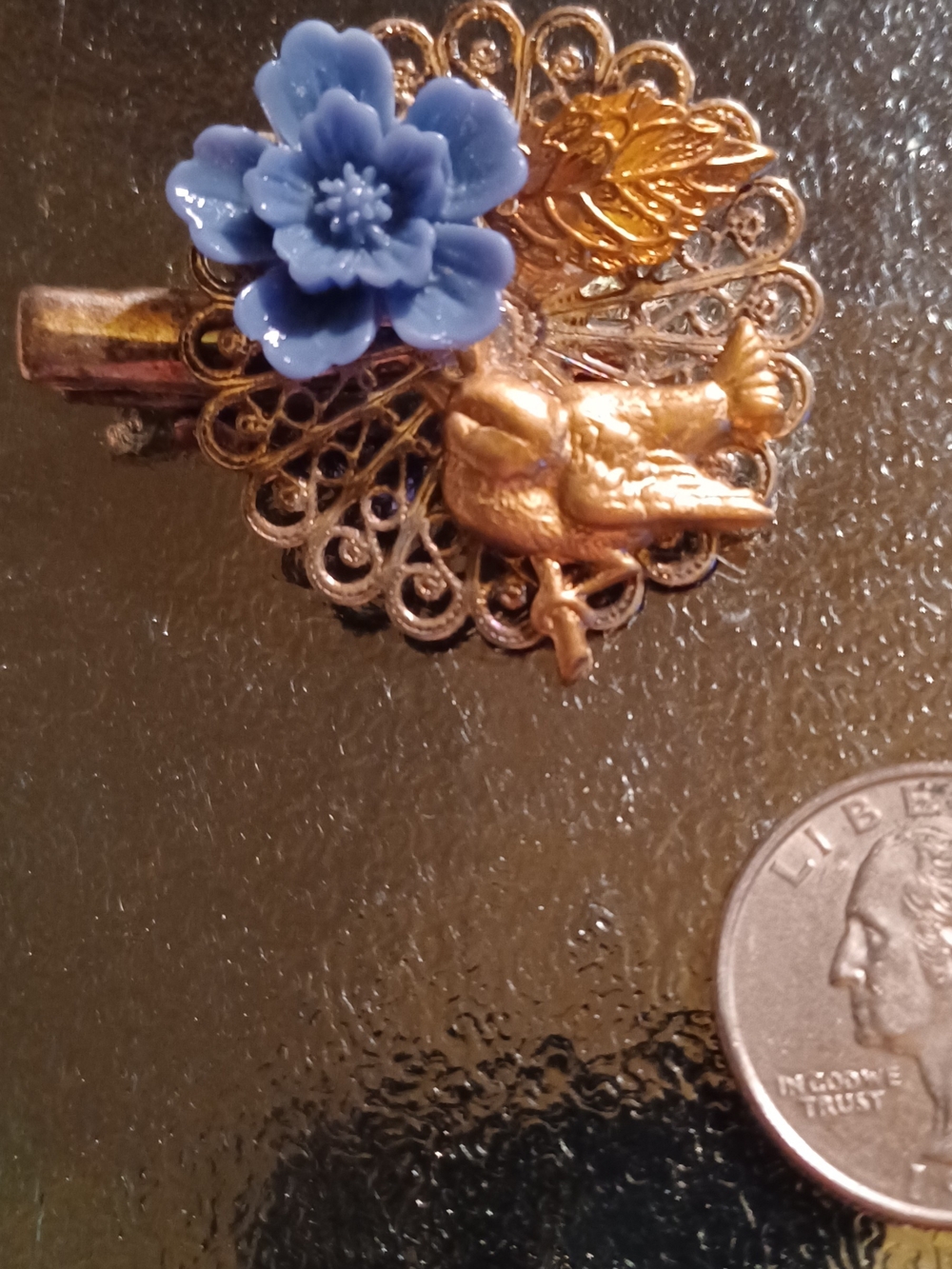 Gold Dove Filigree Hair Clip with Periwinkle  Blue Flower